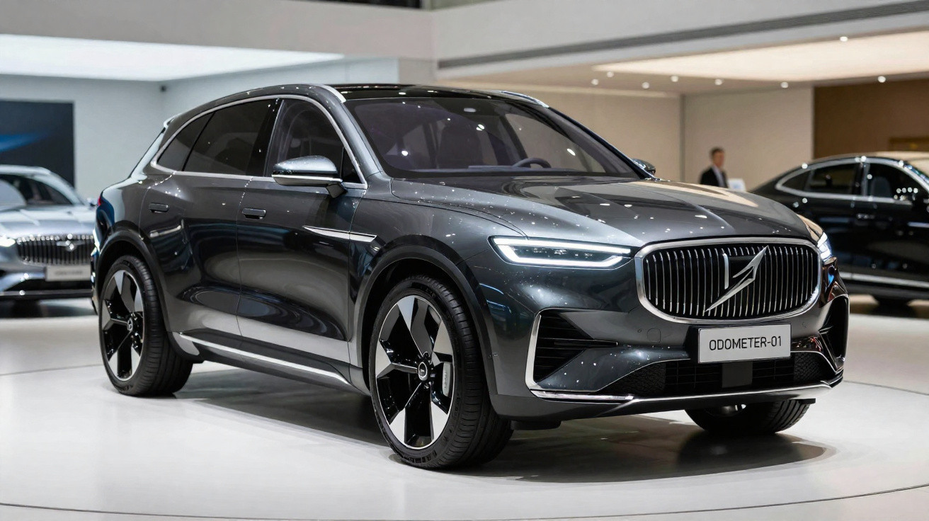 SUV elétrico cinza escuro Volvo em exposição em showroom moderno com iluminação branca.