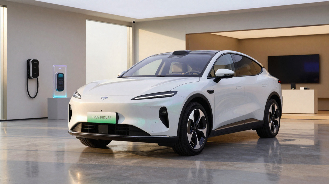 Carro elétrico branco moderno exibido em sala com carregador e televisão na parede.