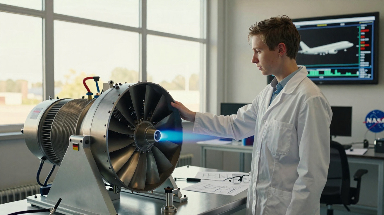 Engenheiro ou cientista analisando motor a jato em laboratório com gráfico e imagem de avião ao fundo.