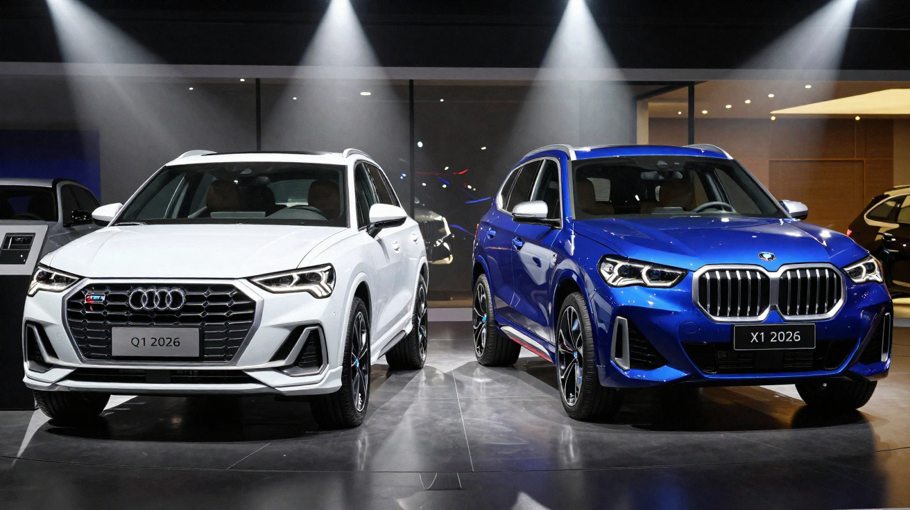 Carros Audi Q1 branco e BMW X1 azul exibidos em showroom com luzes direcionadas no teto.