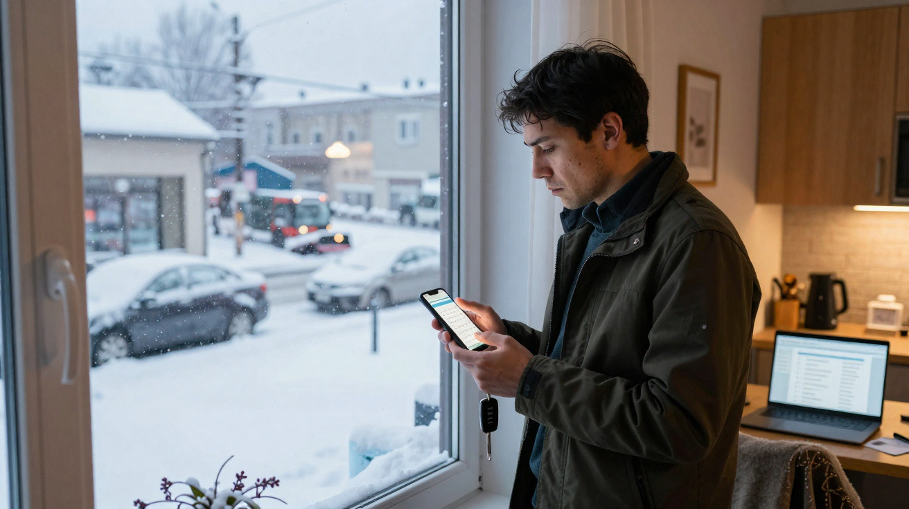 Homem olhando para celular dentro de casa, ao lado de janela com vista para rua e carros cobertos de neve.