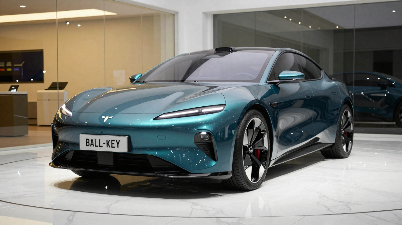 Carro elétrico esportivo azul metálico exibido em ambiente interno elegante com piso branco.