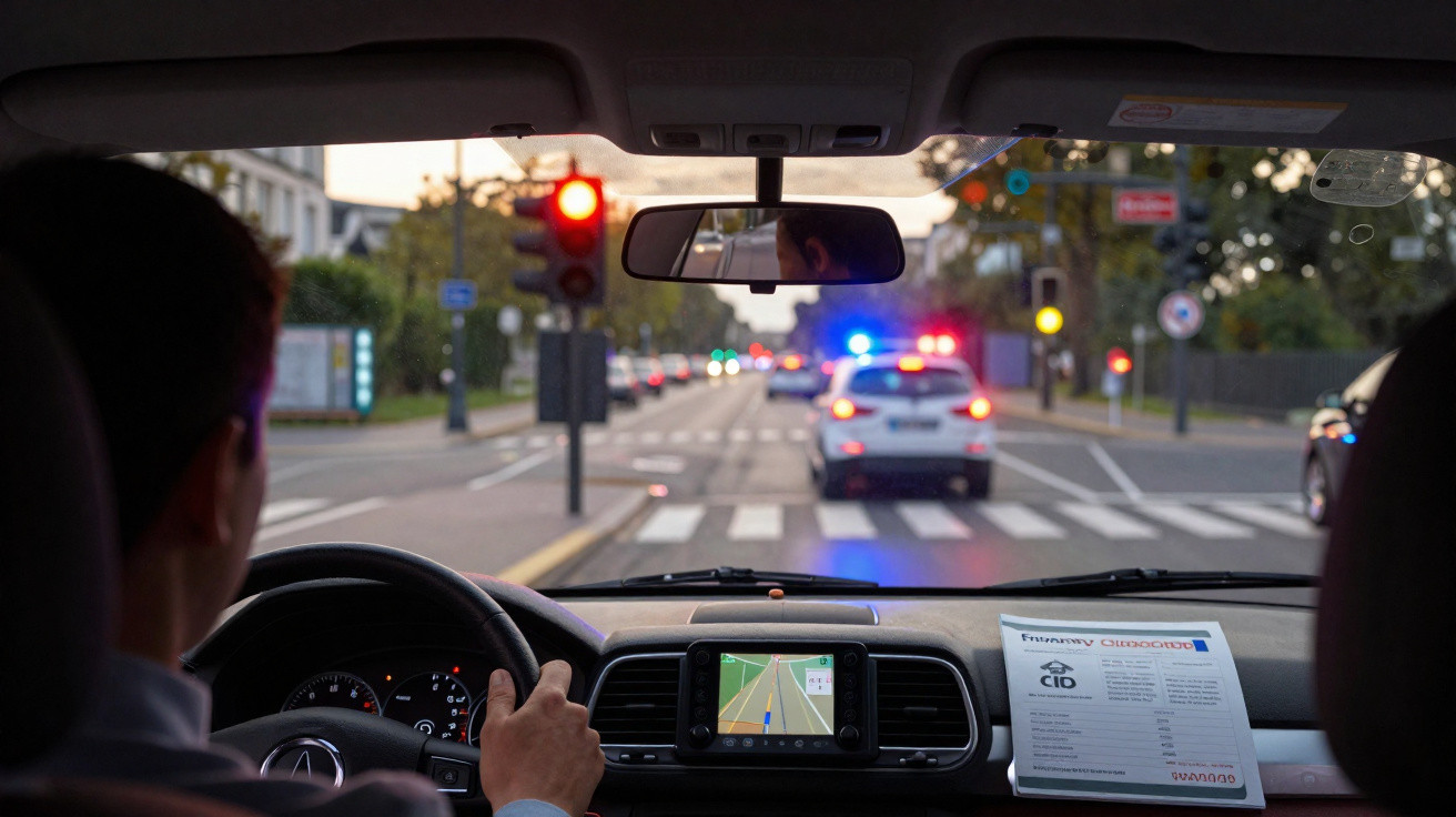 Motorista em carro parado no semáforo vermelho atrás de viatura policial com sirenes acesas.
