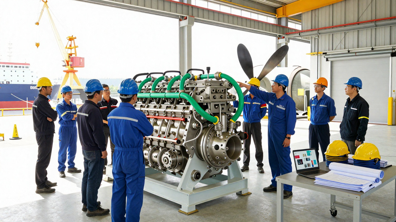 Equipe técnica inspeciona grande motor industrial em oficina com capacetes e equipamentos de segurança.