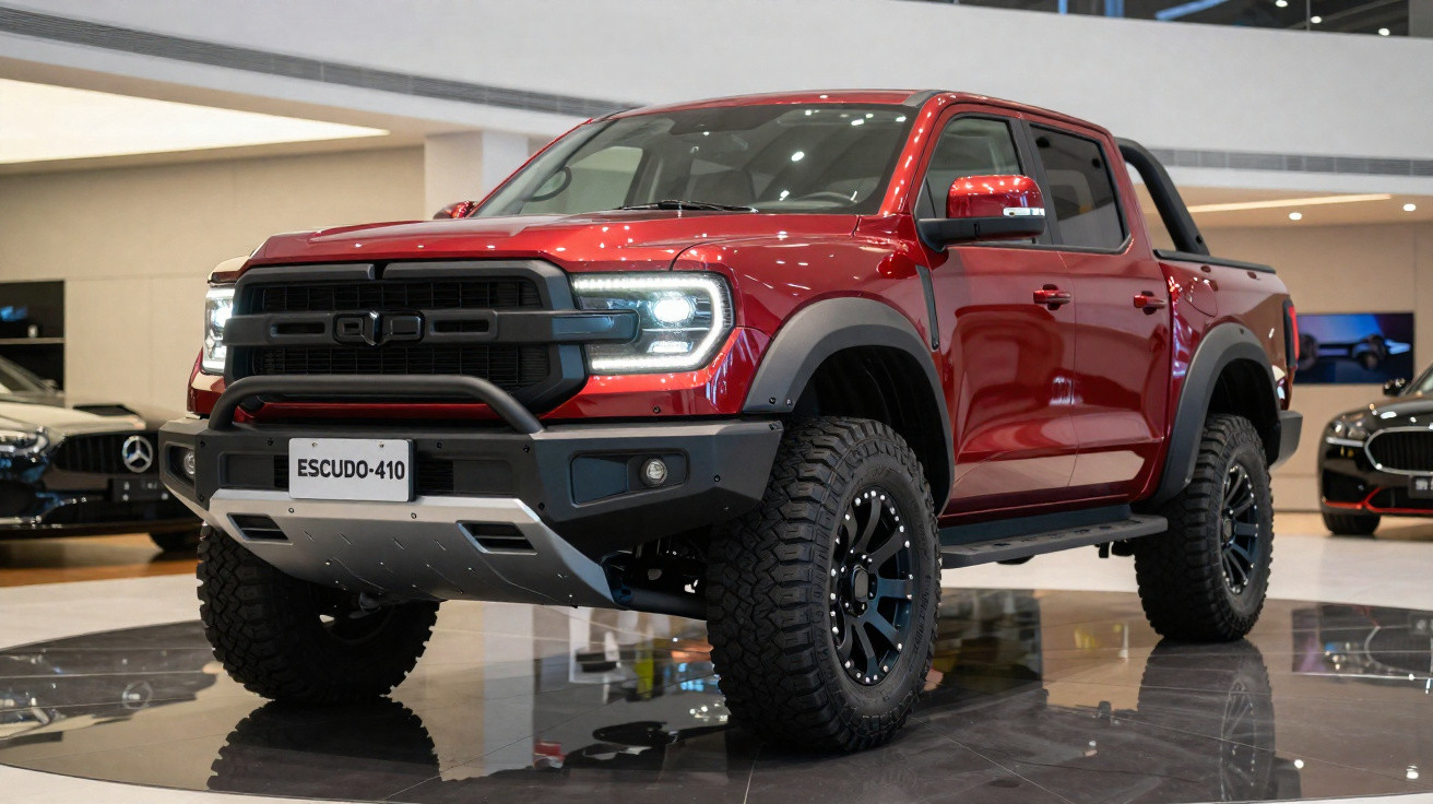 Picape vermelha Escudo-410 exibida em showroom moderno, com faróis acesos e pneus robustos.
