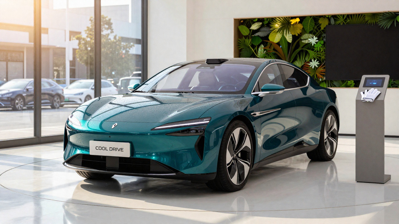 Carro elétrico esportivo verde exibido em showroom moderno com grande janela e painel decorativo de plantas.