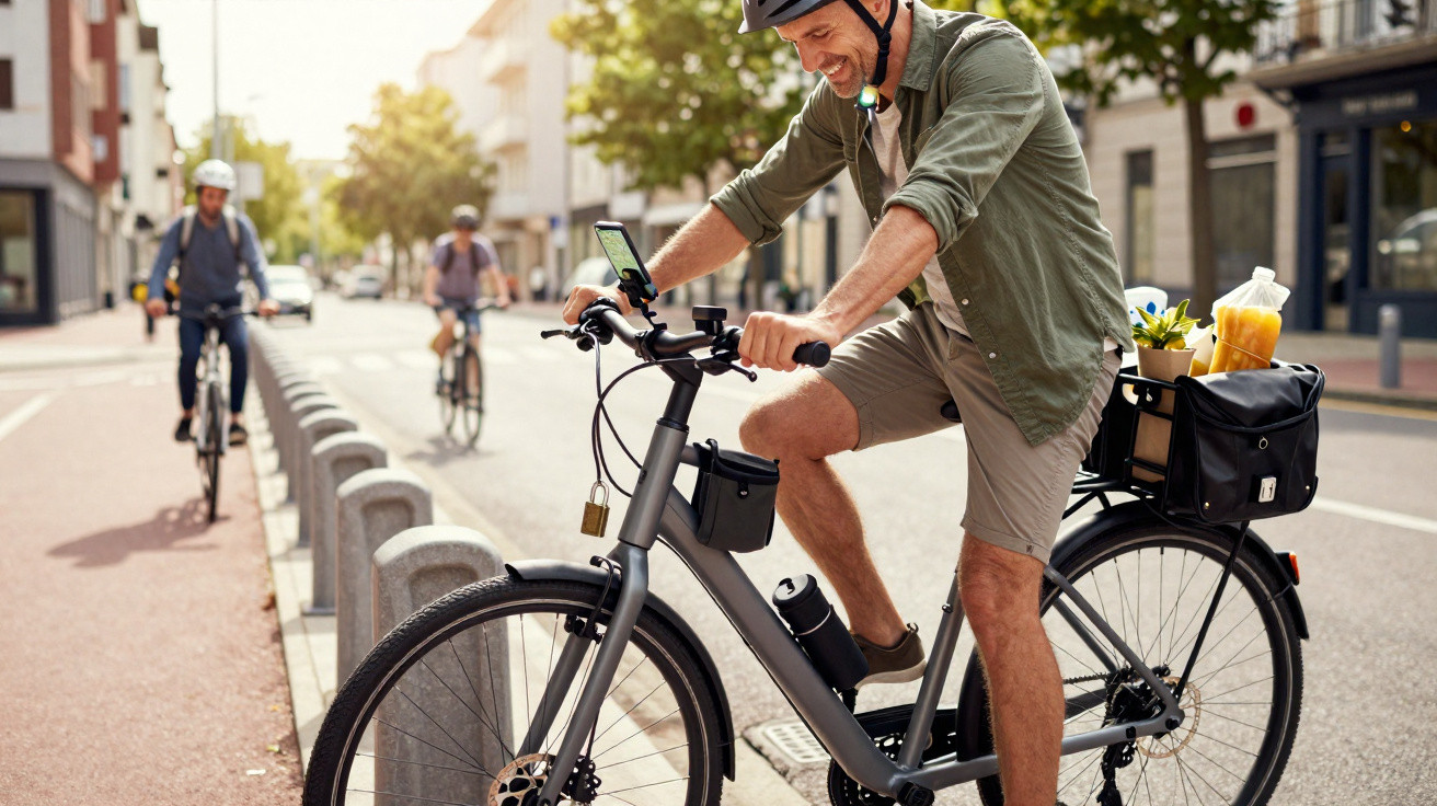 Homem sorridente usando capacete anda de bicicleta com cesta de compras em área urbana durante o dia.