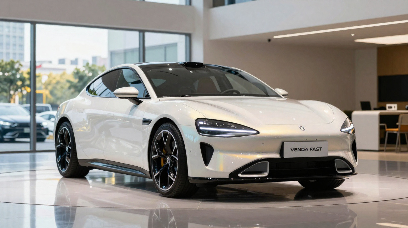 Carro esportivo branco em showroom moderno com acabamento brilhante e rodas pretas esportivas.