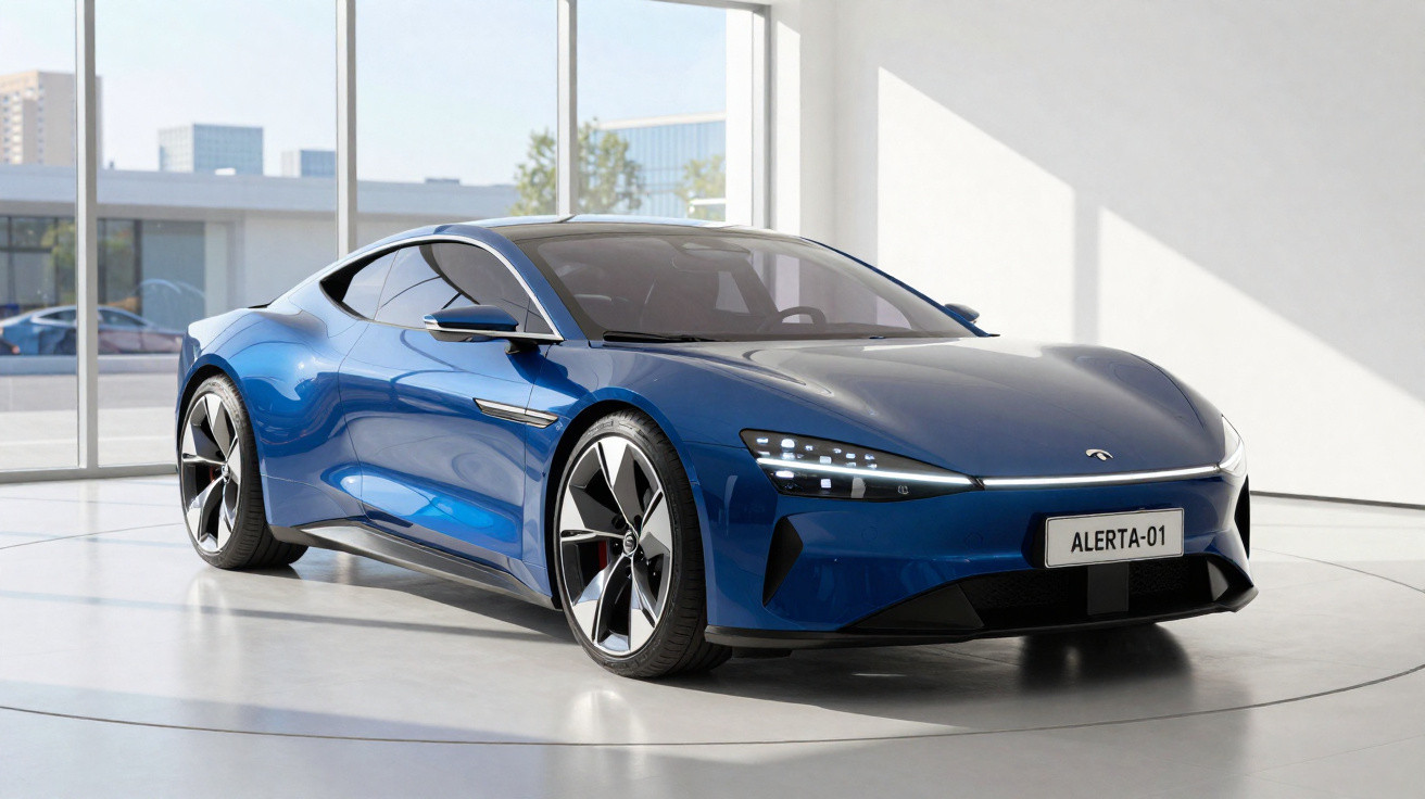 Carro esportivo elétrico azul em exposição dentro de showroom moderno com placas "ALERTA-01".