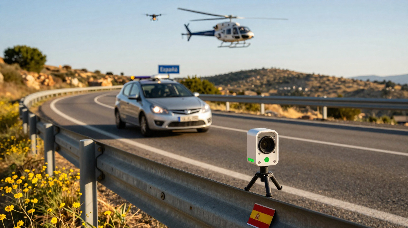 Câmera de fiscalização na estrada com carro da polícia, drone e helicóptero sobrevoando em área rural na Espanha.
