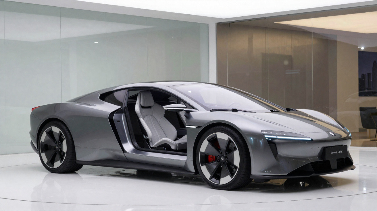 Carro esportivo elétrico cinza com porta aberta em ambiente interno moderno e iluminado.
