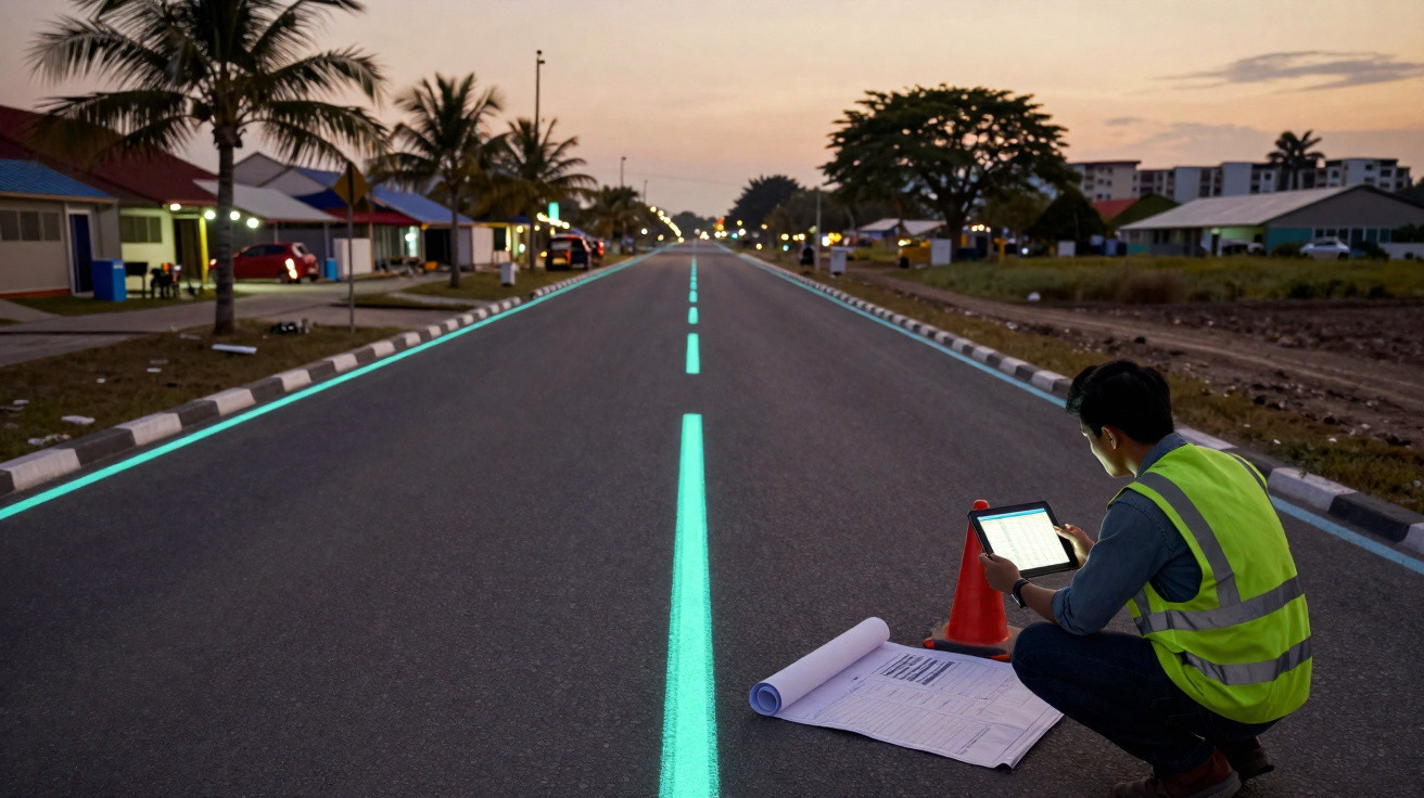 Homem com colete refletivo verifica mapas e tablet ao lado de estrada com faixas luminosas à noite.
