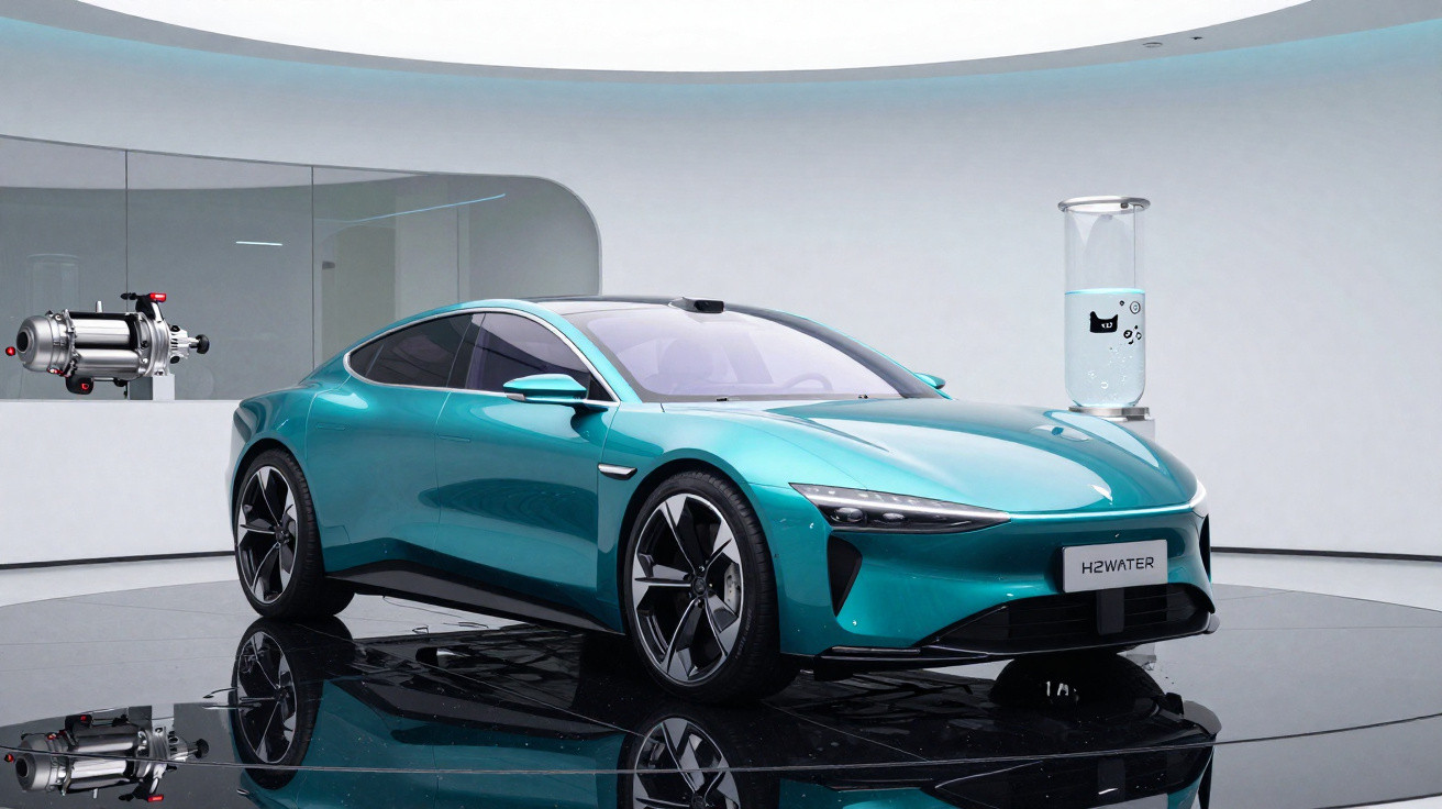 Carro esportivo elétrico azul em exposição, ambiente moderno com iluminação suave e refletor no teto.