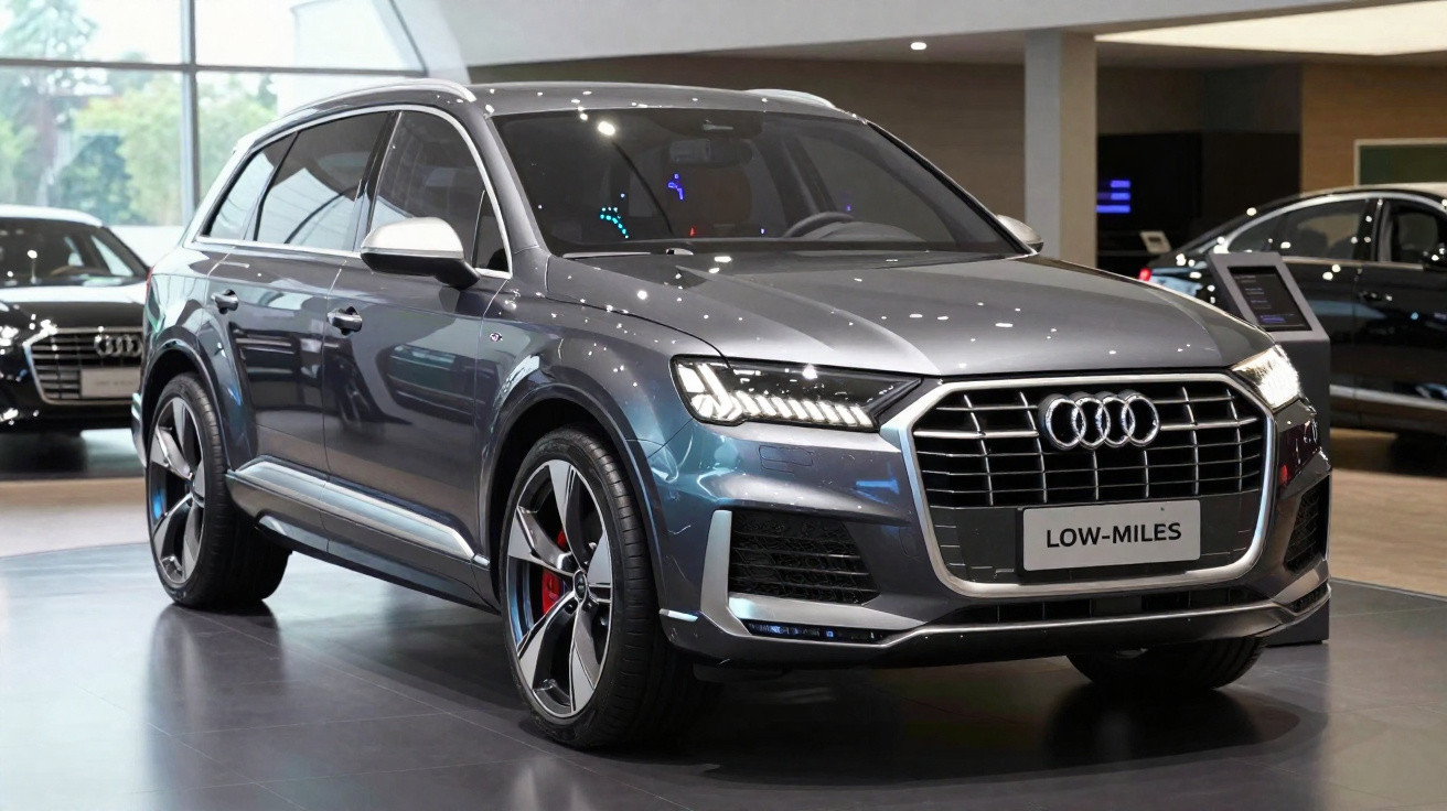 SUV Audi cinza metálico exposto em showroom com iluminação natural e refletos no capô.