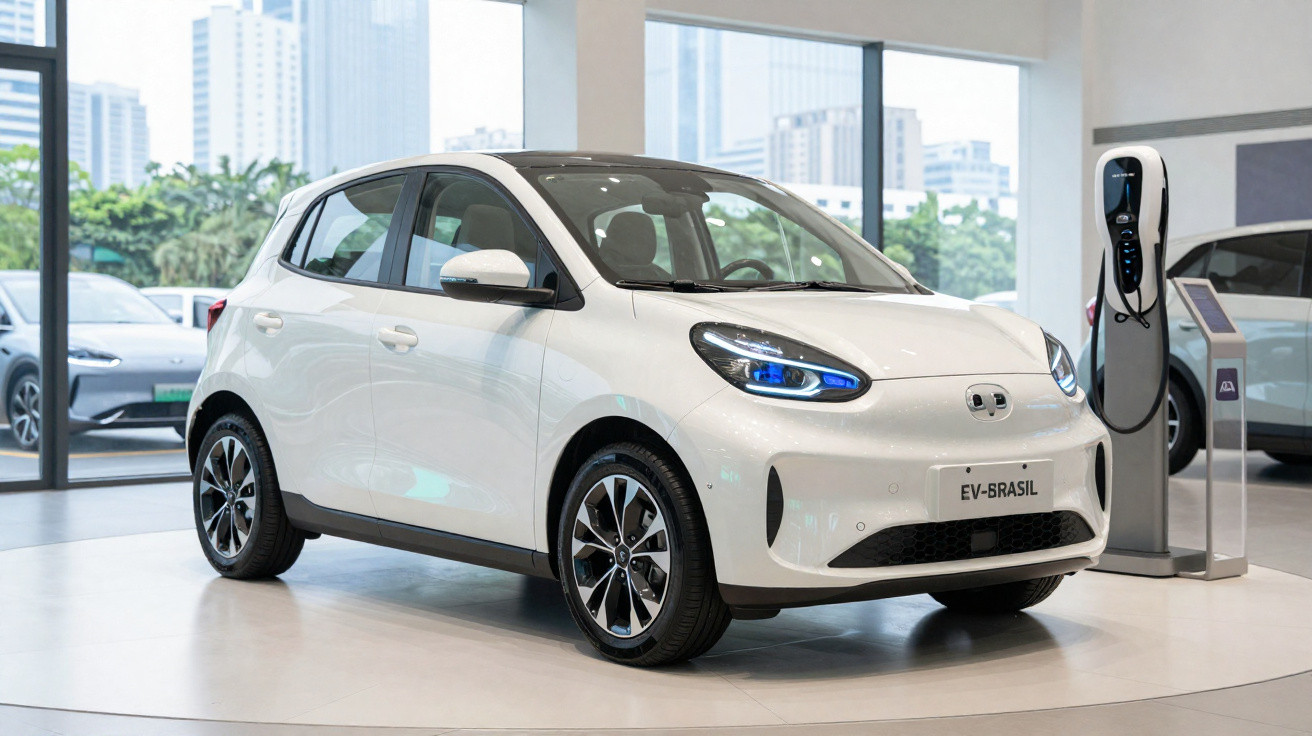 Carro elétrico branco compacto estacionado em showroom ao lado de estação de recarga.