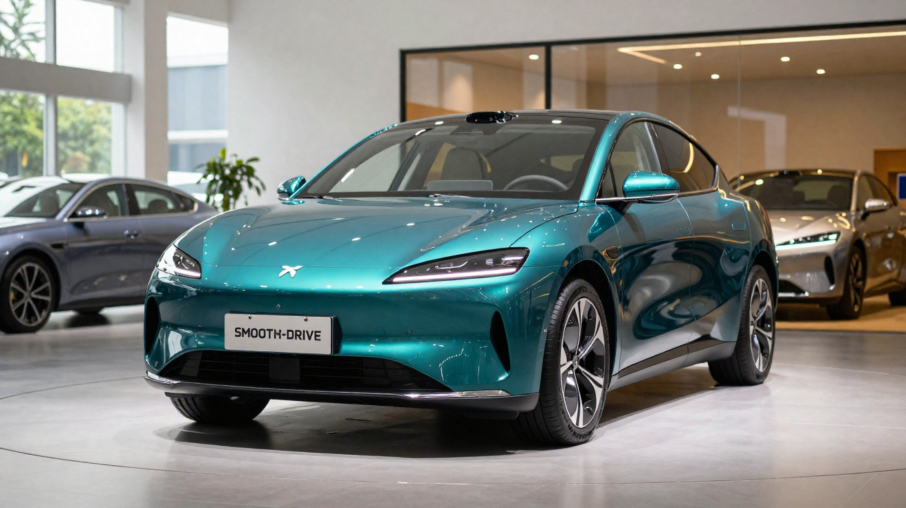 Carro elétrico verde metálico em exposição dentro de showroom moderno com outros veículos ao fundo.