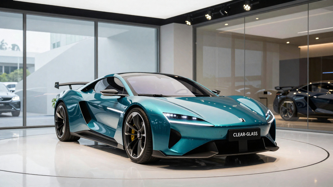 Carro esportivo azul metálico exibido em sala moderna com piso branco e paredes de vidro.