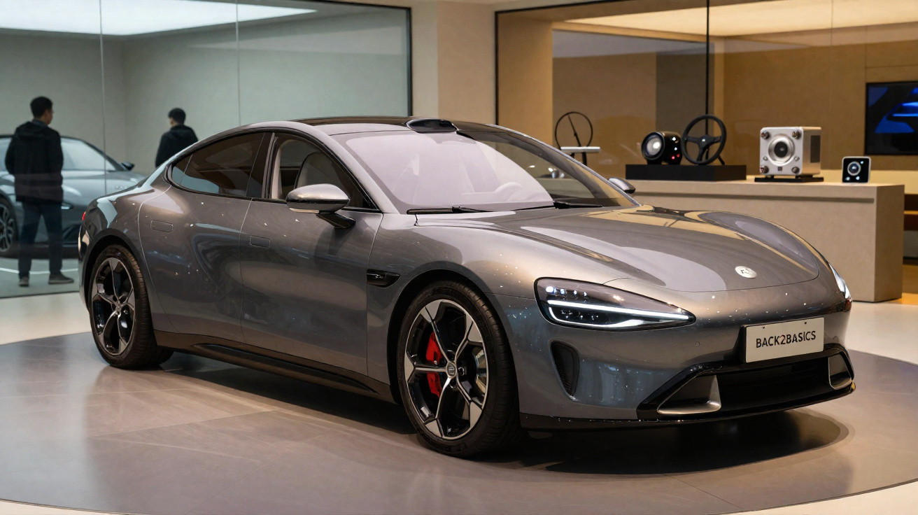 Carro esportivo cinza metálico exibido em showroom moderno com detalhes em preto e rodas com pinças de freio vermelhas.