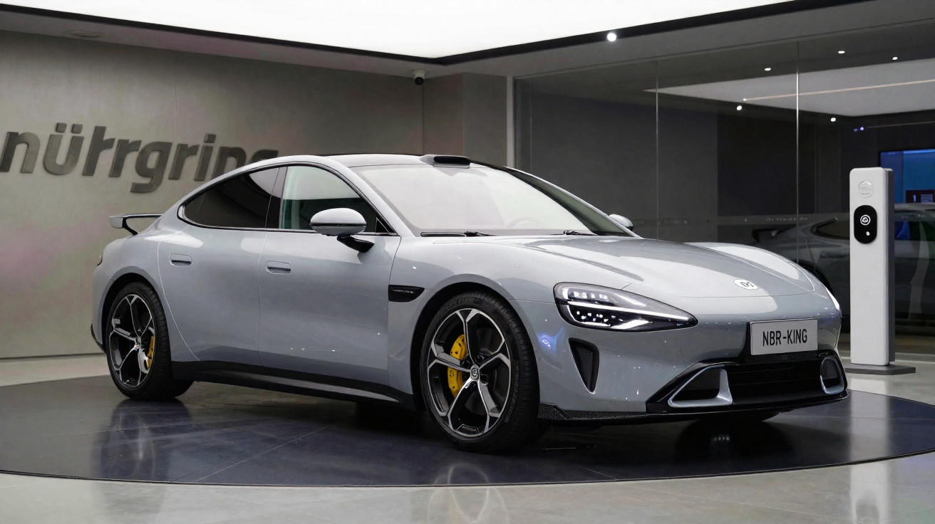 Carro esportivo elétrico cinza estacionado em showroom moderno com carregador elétrico ao fundo.