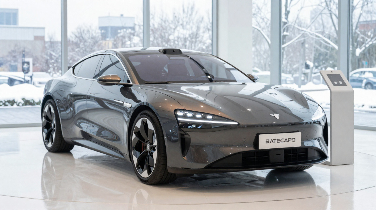 Carro elétrico cinza escuro com design moderno em exposição interna, com neve vista ao fundo.