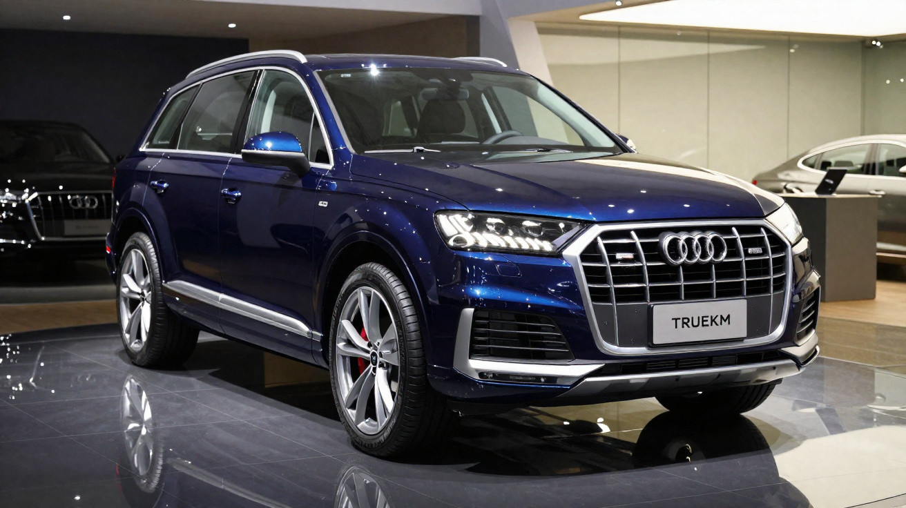 SUV Audi Q7 azul escuro exposto em showroom com piso refletivo.