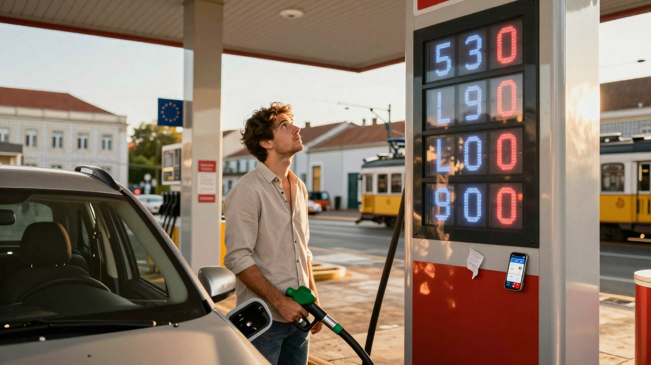 Homem parado em posto de gasolina segurando bomba e olhando para painel de preços vazio.