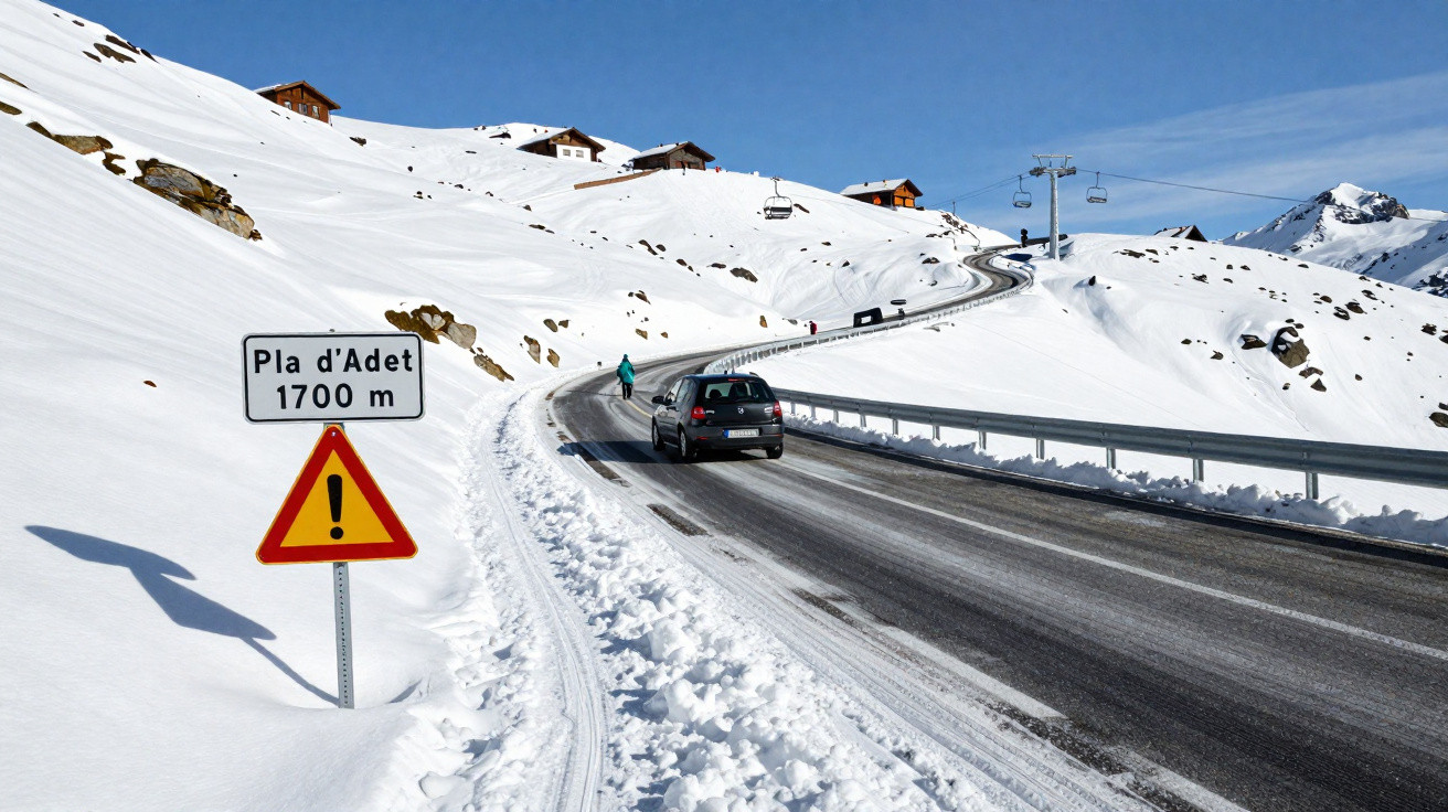 Carro e pedestre na estrada de montanha nevada em Pla d'Adet a 1700 m com placas de aviso.