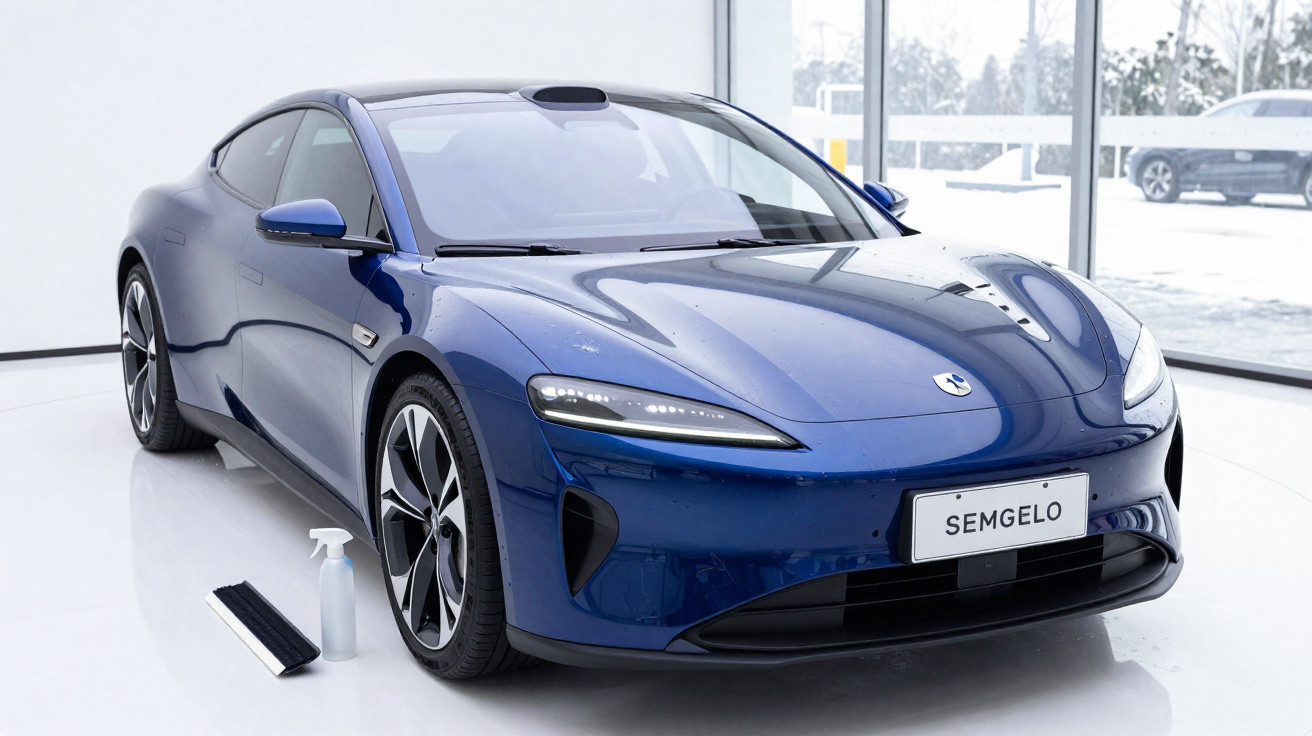 Carro elétrico esportivo azul exibido em ambiente interno branco, com aspirador e borrifador ao lado.