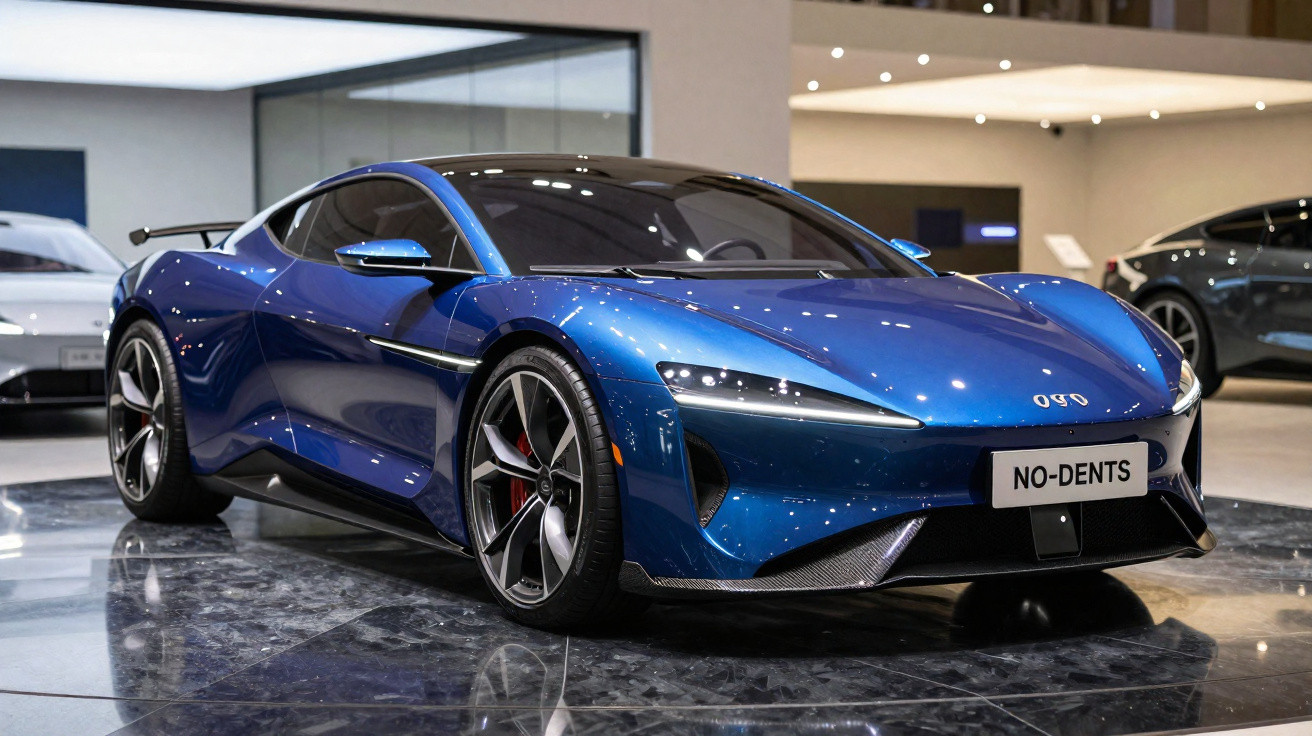 Carro esportivo elétrico azul metálico em exposição, com design aerodinâmico e rodas esportivas.