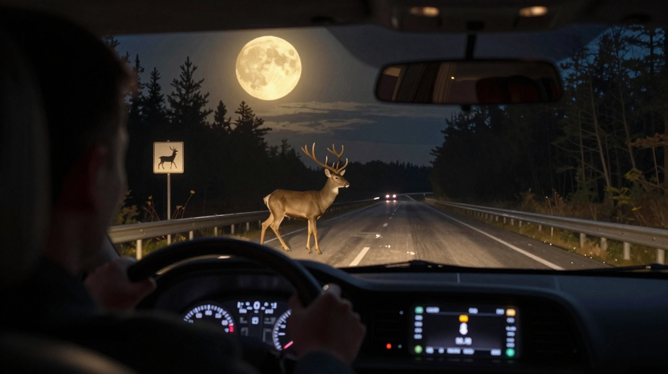 Motorista parado à noite com lua cheia, aguardando cervo atravessar estrada deserta com sinal de animal na pista.