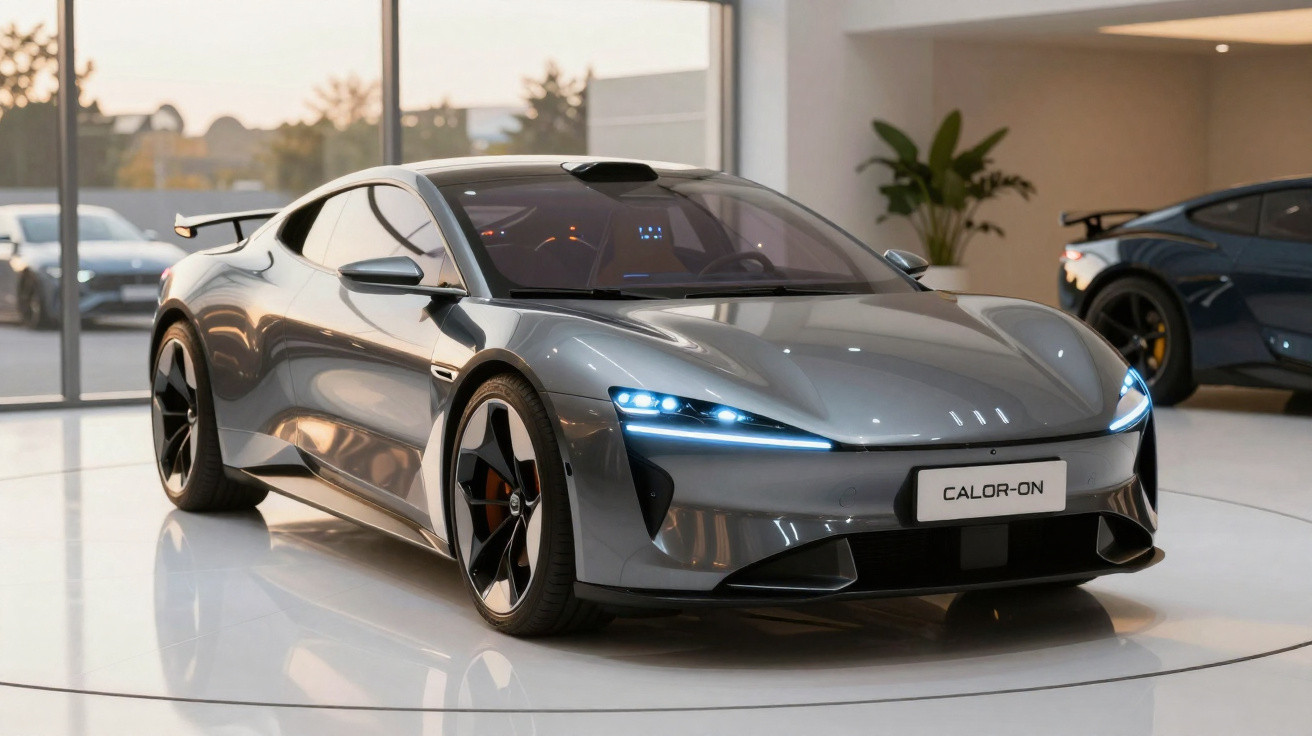 Carro esportivo elétrico cinza Calor-On exibido em showroom moderno com luzes LED acesas.