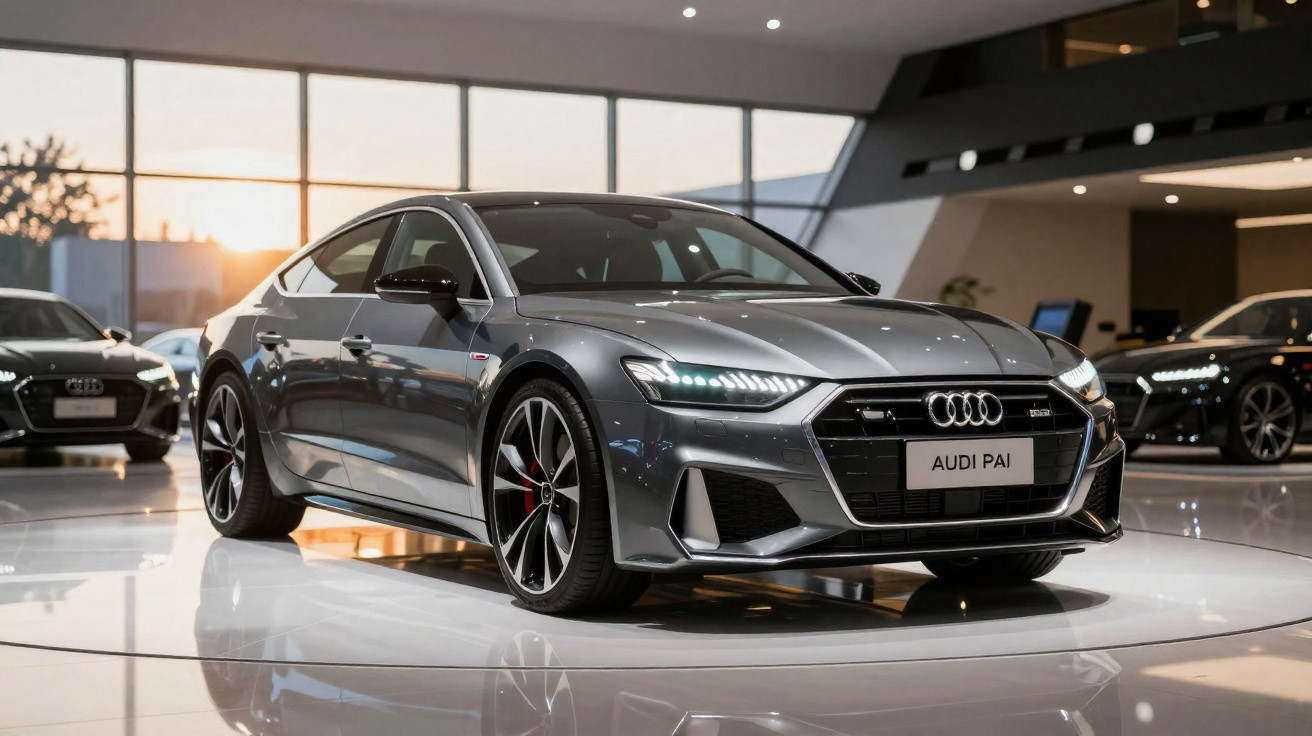 Carro esportivo Audi cinza em destaque dentro de showroom moderno com iluminação suave.