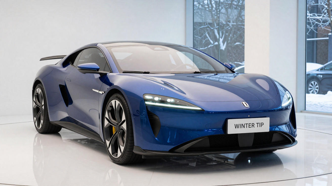 Carro esportivo azul em exposição interna com placa personalizada Winter Tip.