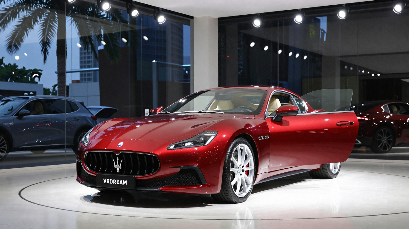 Carro esportivo vermelho Maserati em exposição interna com porta dianteira aberta e iluminação destacada.