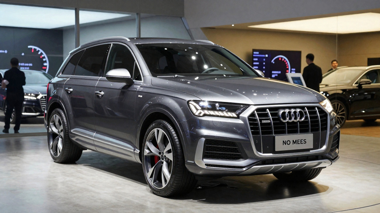 Audi SUV cinza metálico estacionado em exposição interna com pessoas ao fundo.