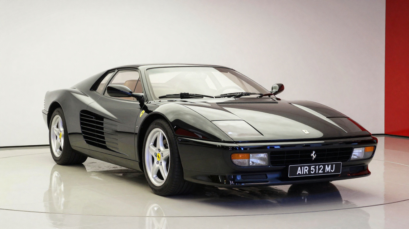 Carro esportivo Ferrari preta estacionado em ambiente interno com parede branca e vermelha ao fundo.