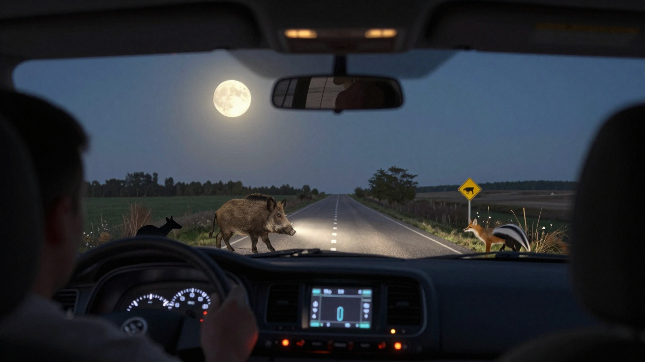 Visão noturna de dentro de um carro, animal silvestre e gambá atravessando estrada sob a luz da lua cheia.