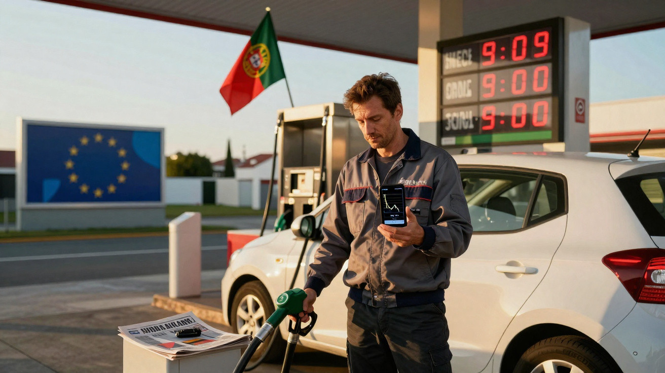 Homem bombeiro de posto de gasolina com bandeira de Portugal ao fundo e preços de combustíveis.