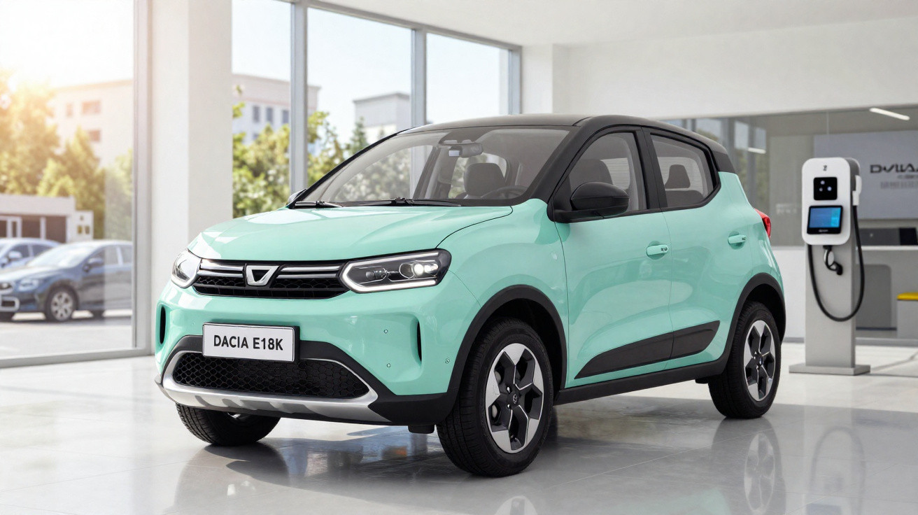 Carro elétrico Dacia E18K verde água exibido em showroom com estação de carregamento ao fundo.