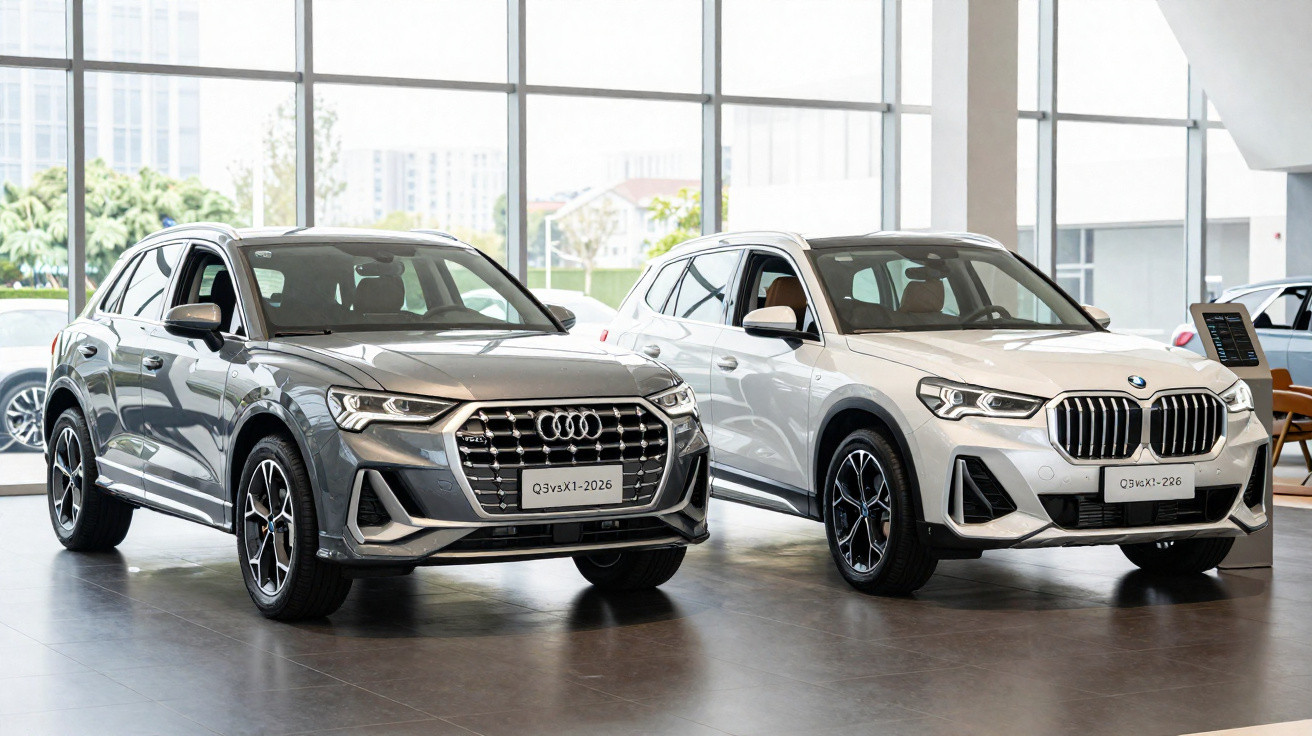 Dois SUVs estacionados em showroom, um Audi cinza e um BMW branco, com placas de exposição na frente.