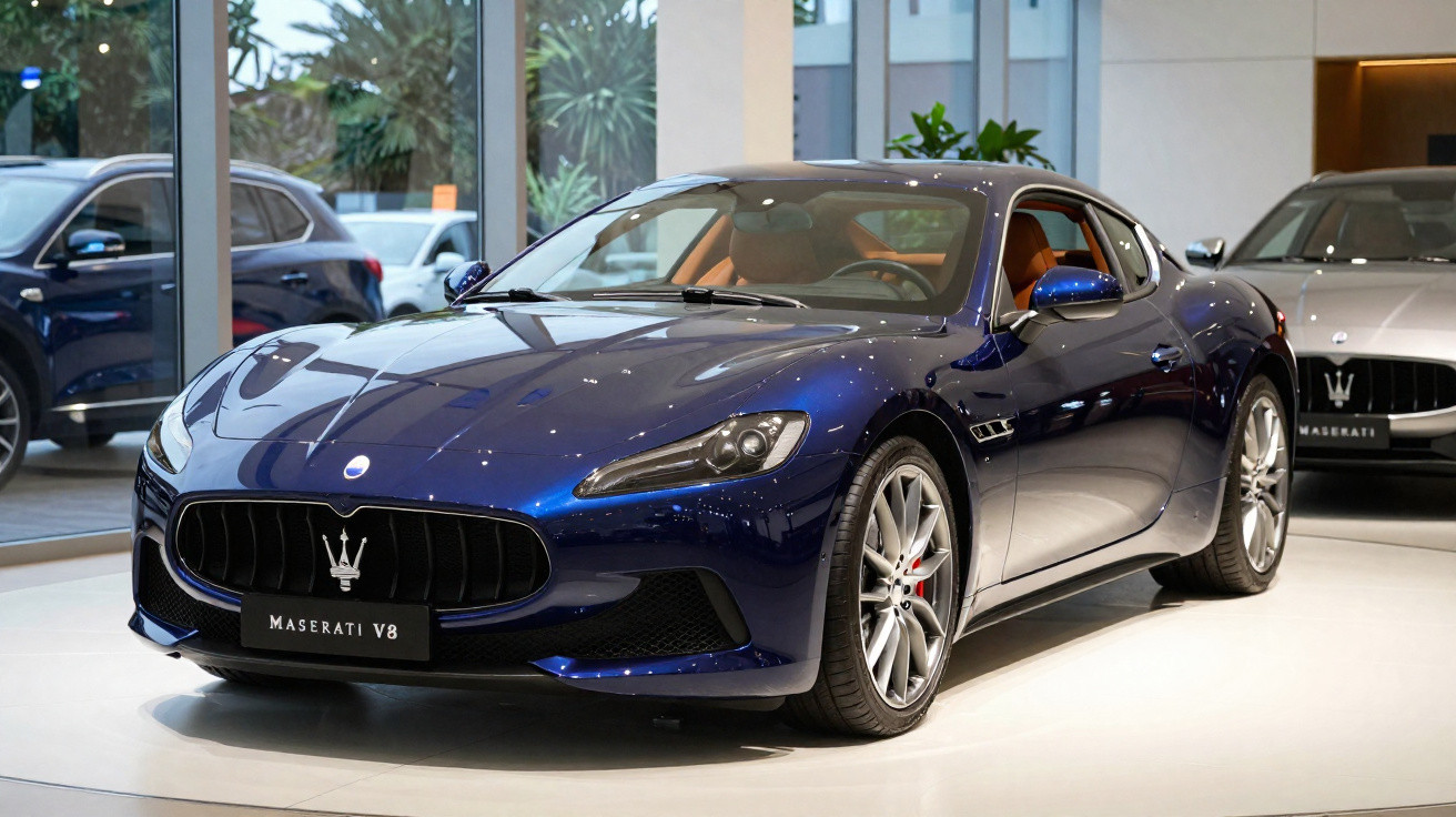 Carro esportivo azul Maserati V8 exibido em showroom com outro Maserati ao fundo