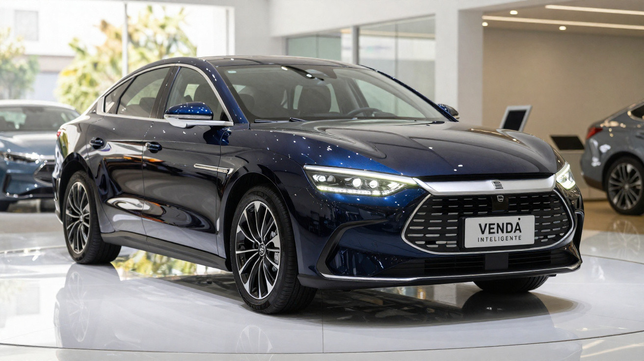 Carro sedan elétrico azul exibido em showroom moderno com placa "Venda Inteligente" na dianteira.