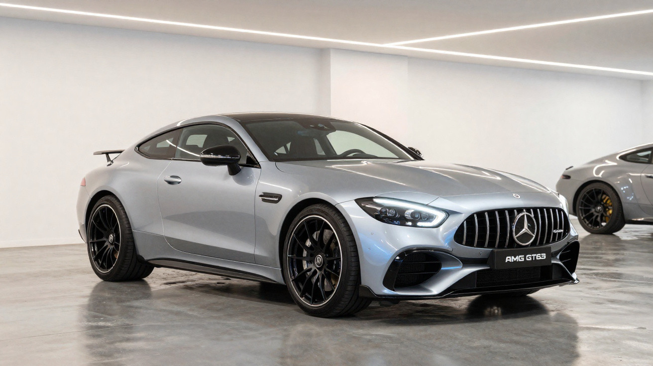 Carro esportivo prata Mercedes-Benz AMG GT63 estacionado em piso cinza e parede branca.