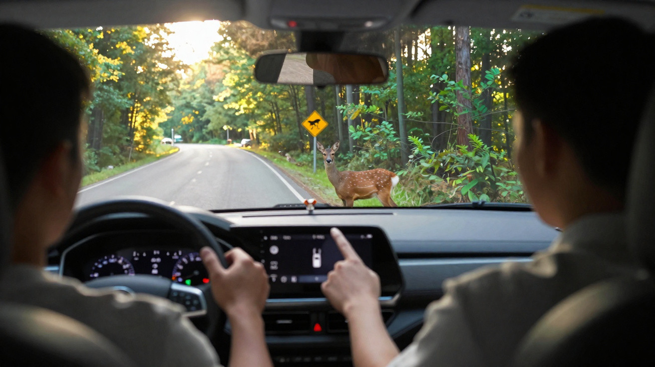 Dois homens no carro observam um cervo cruzando a estrada cercada por árvores verdes ao entardecer.