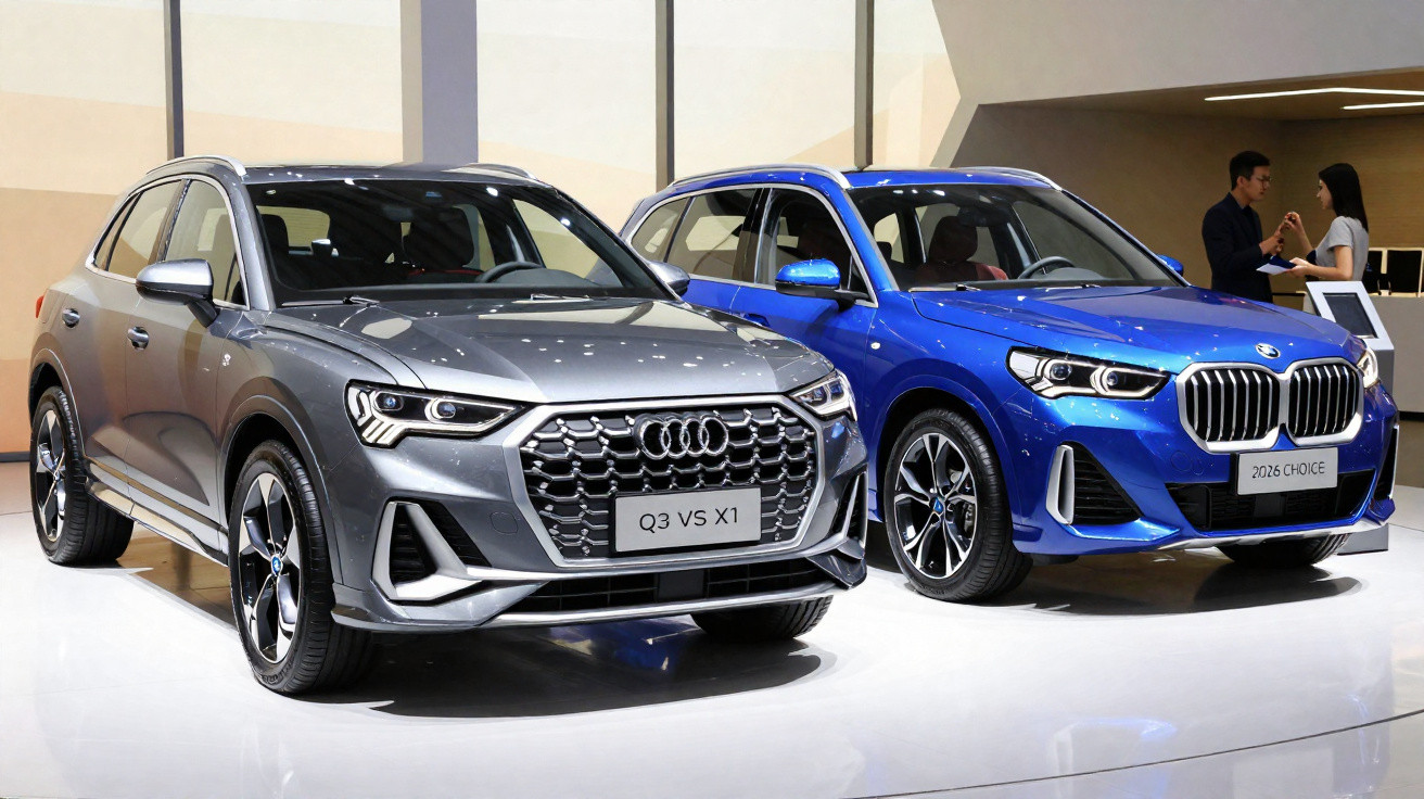 Dois SUVs exibidos em salão: Audi Q3 cinza e BMW X1 azul, lado a lado em ambiente interno iluminado.