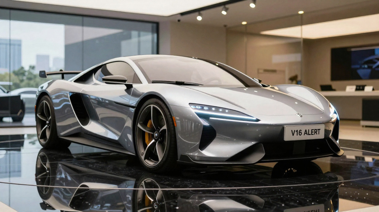 Carro esportivo cinza prata exibido em showroom moderno com iluminação interna brilhante.