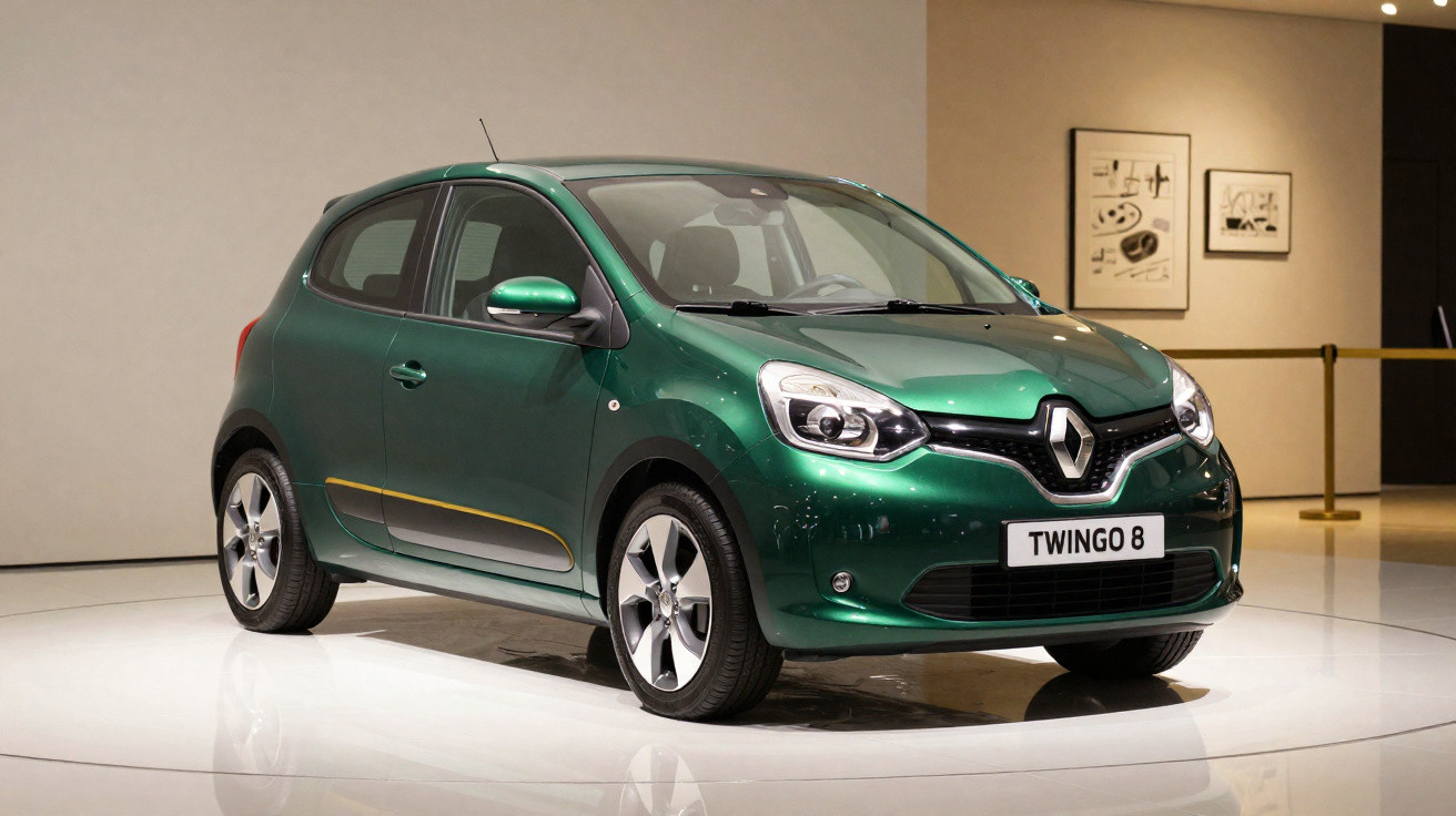Carro compacto Renault Twingo 8 verde exibido em ambiente interno com iluminação direta.