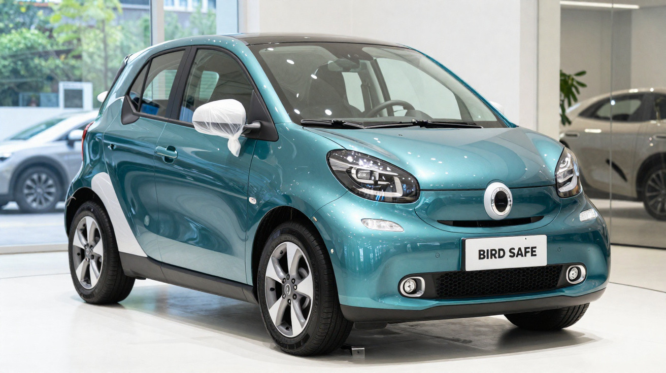 Carro compacto azul metálico em exposição interna com placa escrita BIRD SAFE.