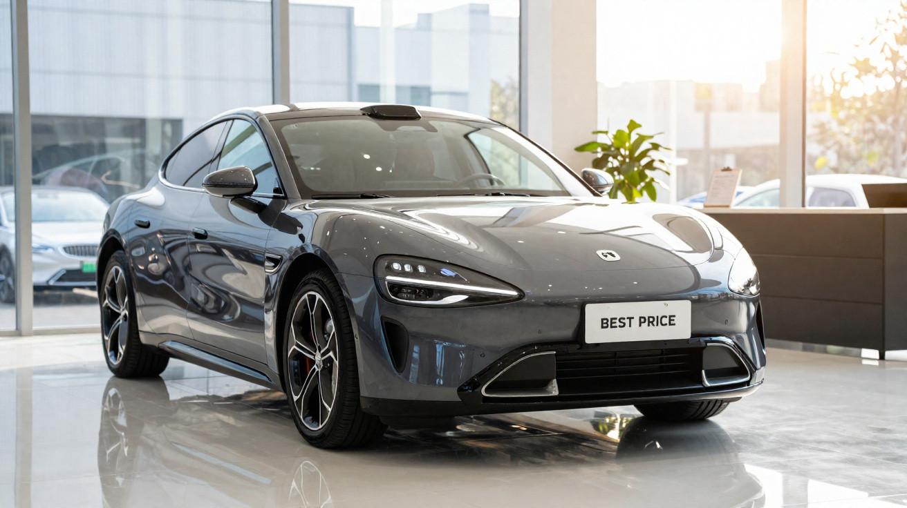 Carro elétrico cinza escuro estacionado em concessionária moderna com placa "Best Price" à frente.
