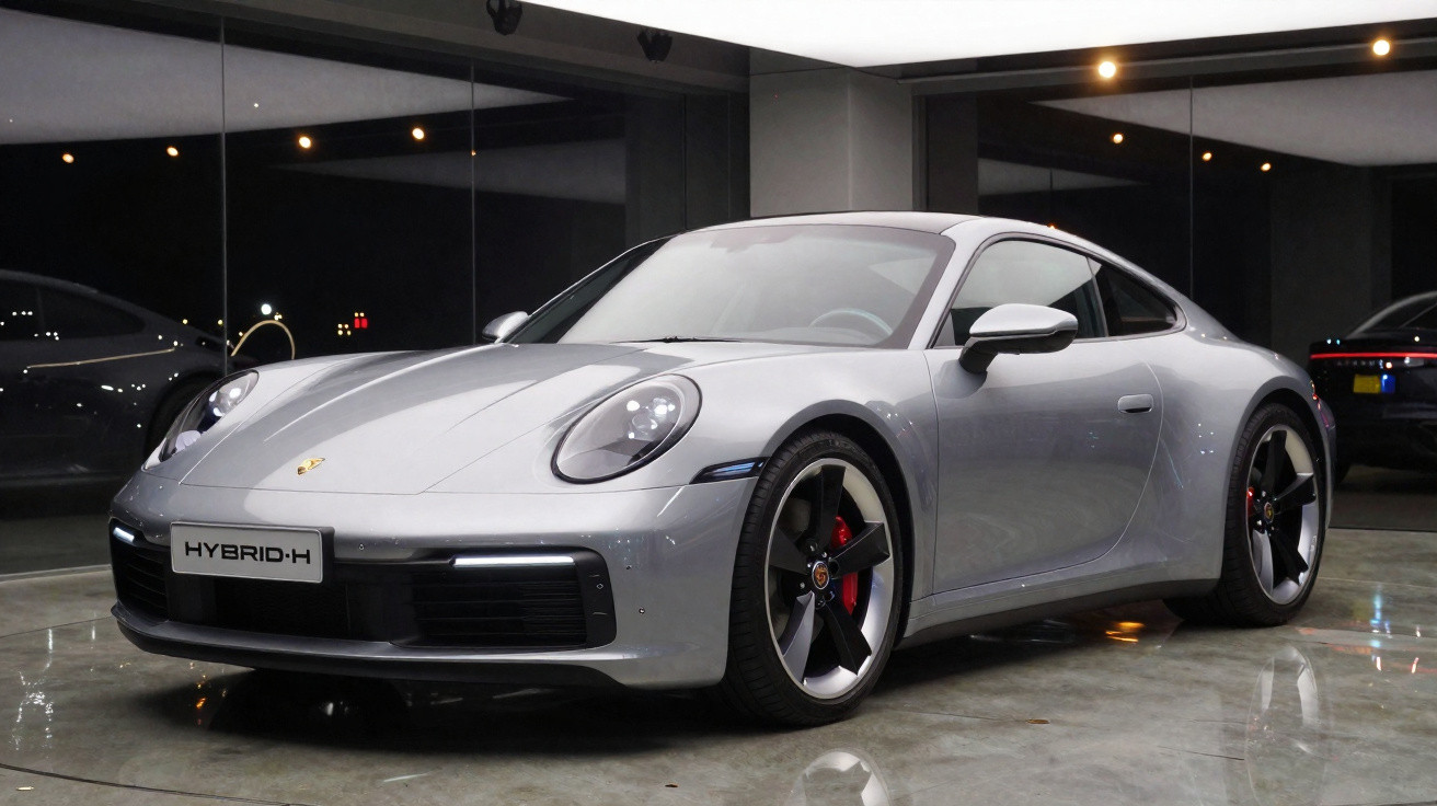 Carro esportivo Porsche prata estacionado em ambiente interno com iluminação artificial refletida.